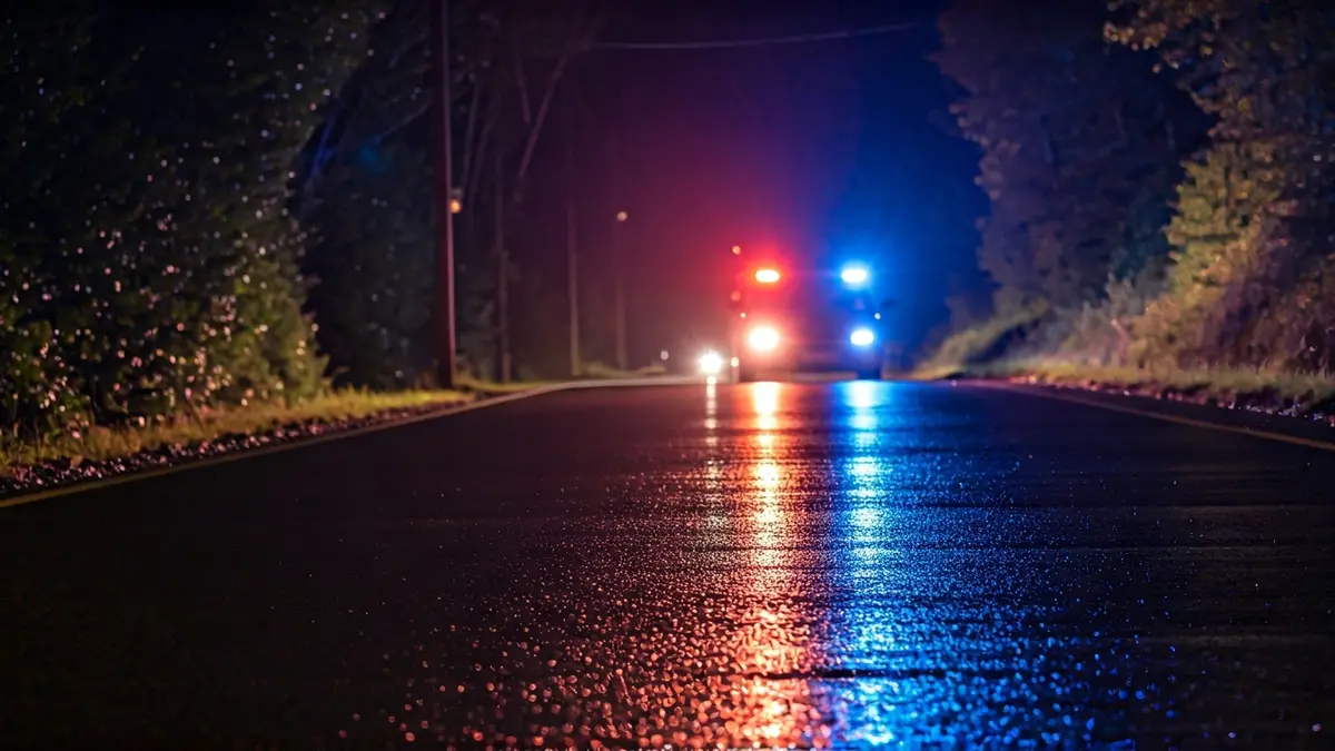 Imaxe xenérica de luces de emerxencia reflectidas no asfalto mollado.