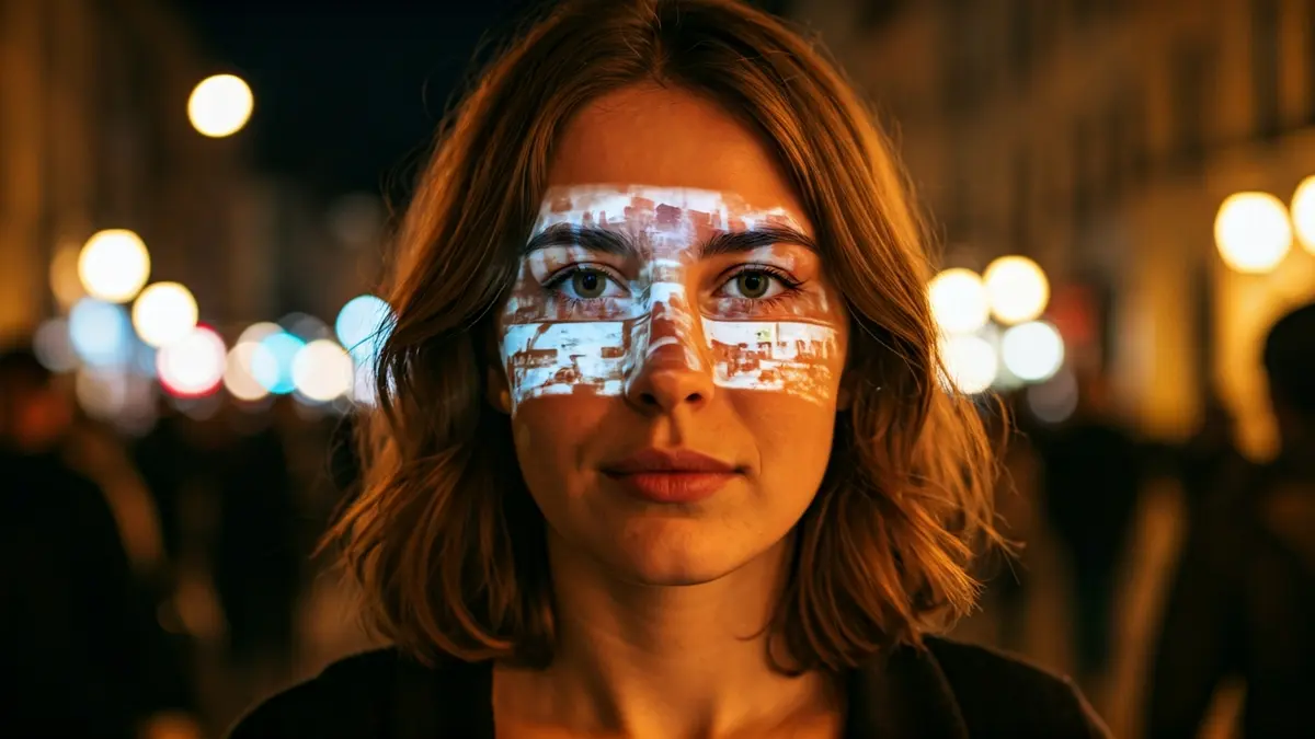 Imaxe artística dun rostro humano con proxeccións de imaxes, representando o proxecto fotográfico de Evelin Ruiz.