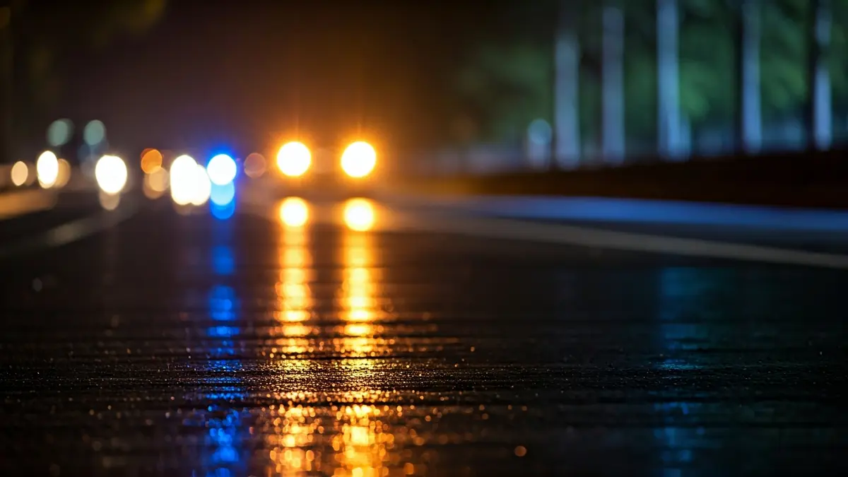 Imaxe xenérica de luces de emerxencia reflectidas no asfalto mollado pola noite.