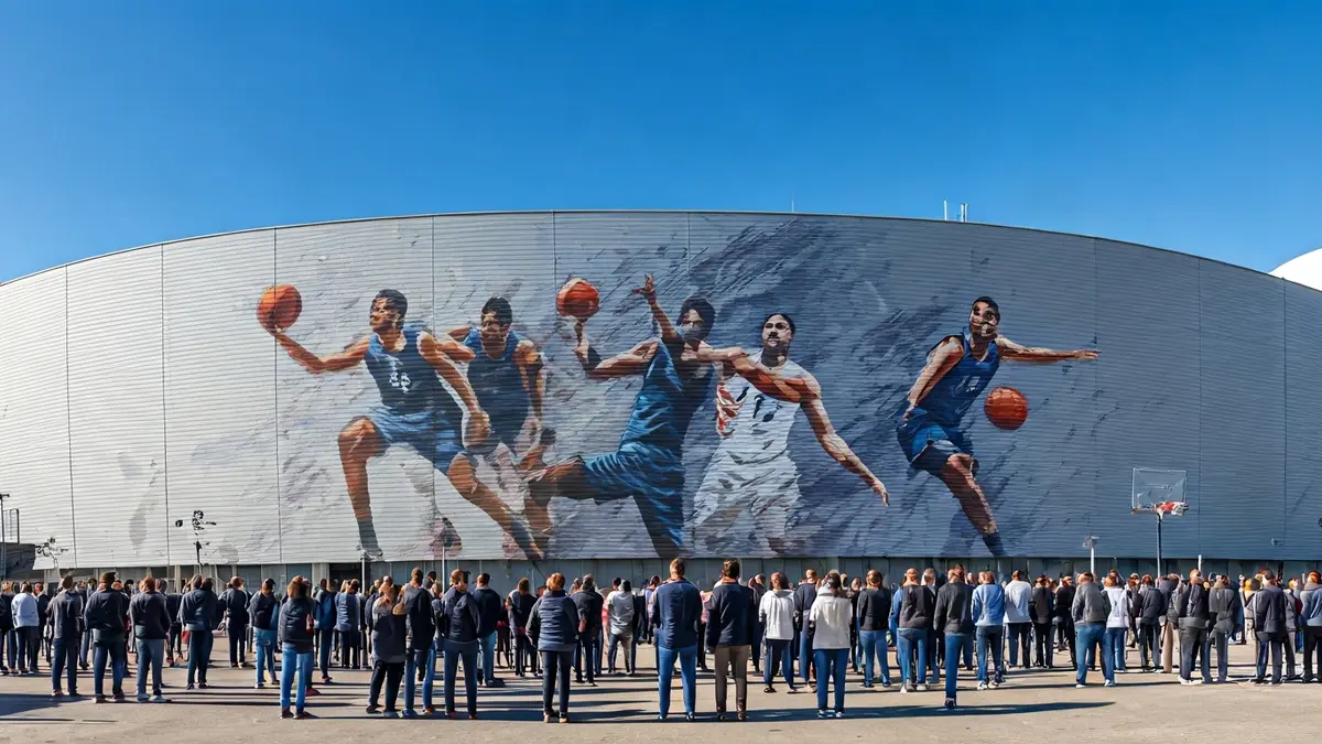 Mural de baloncesto feminino na fachada do Pazo dos Deportes de Lugo.