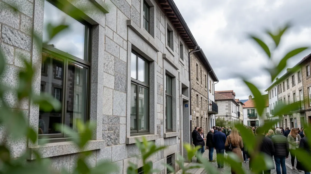 Imaxe xenérica dun edificio tradicional galego de granito con fiestras grandes e vexetación.