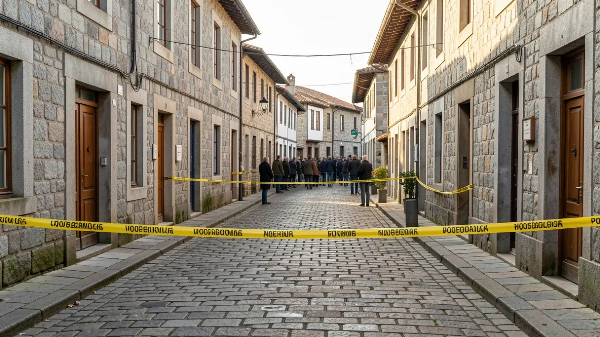 Rúa dun pobo galego con construcións de pedra, iluminada pola luz da tarde e cortada con cinta policial por unha gravación.