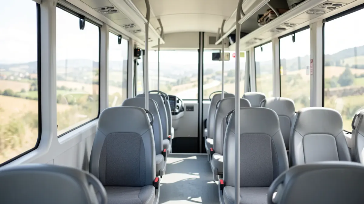 Imaxe xenérica dun interior de autobús moderno con paisaxe galega desenfocada.