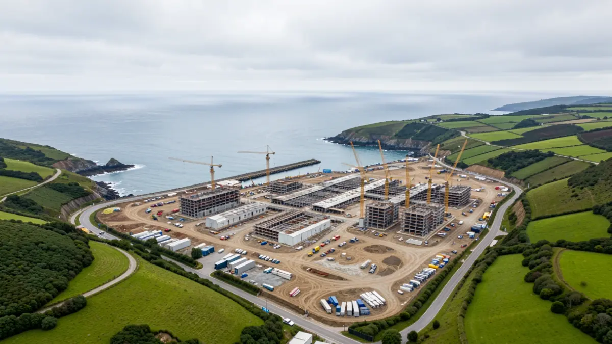 Vista aérea dun complex industrial en construción preto dun porto en Galicia.