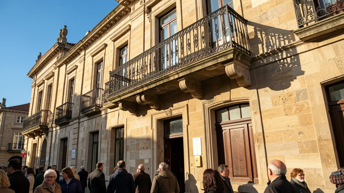 Imaxe xenérica da fachada dun concello galego de pedra con balcón ornamentado.