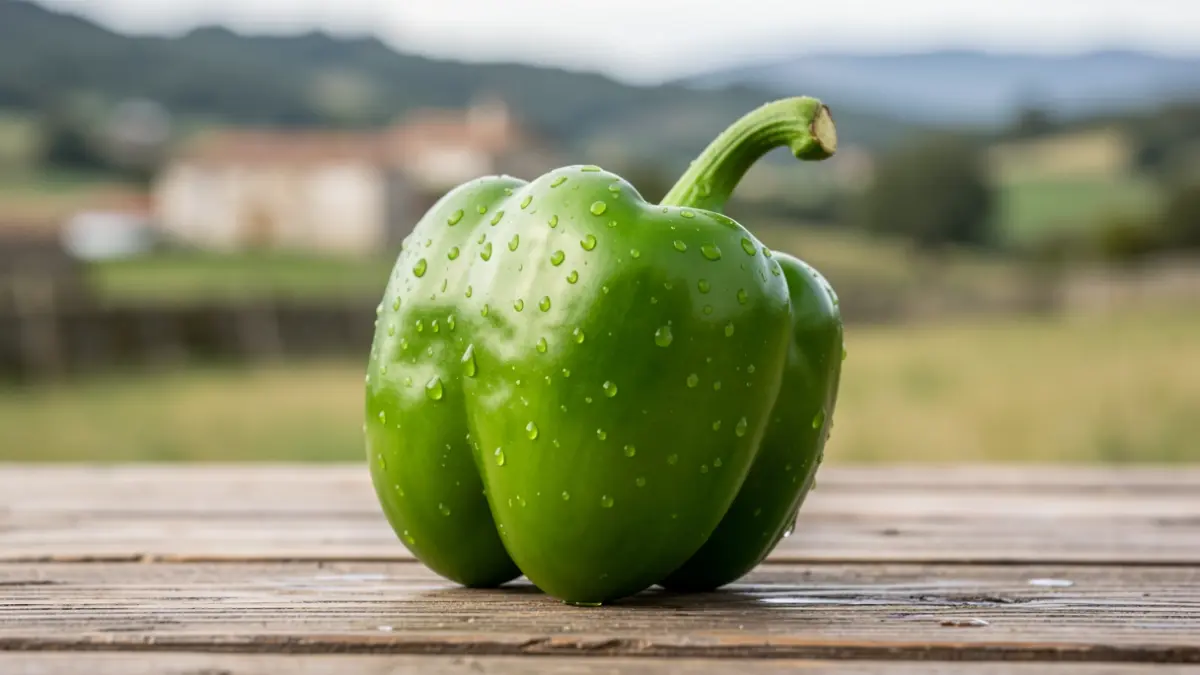 Primeiro plano dun pemento verde vibrante con pingas de auga, sobre unha superficie de madeira rústica, cun fondo difuminado dunha paisaxe rural galega. Iluminación suave e natural.