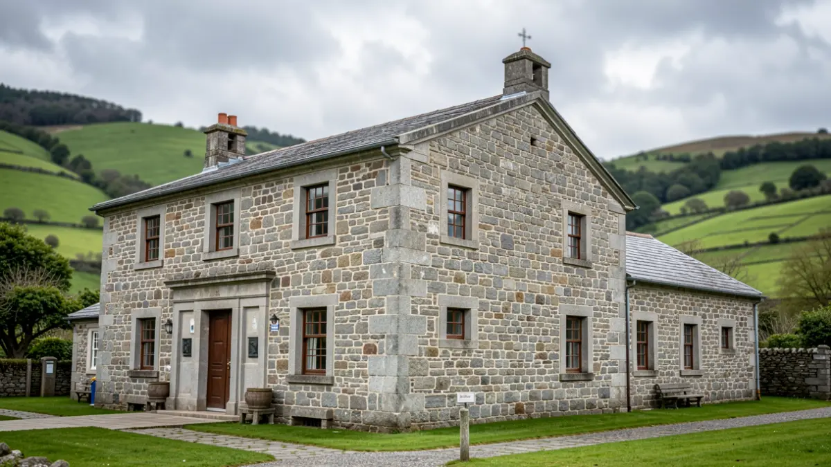 Imaxe xenérica dun edificio tradicional galego de pedra en contorno rural.