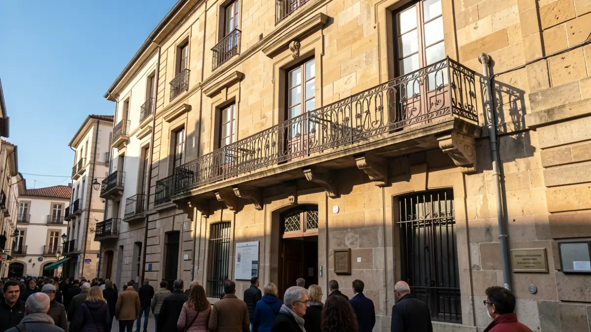 Imaxe xenérica dun concello de pedra con balcón de ferro, luz solar da tarde.