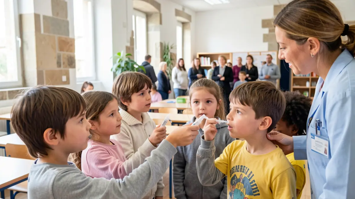 Nenos e nenas de entre 3 e 11 anos recibindo a vacina intranasal contra a gripe nunha aula en Galicia.